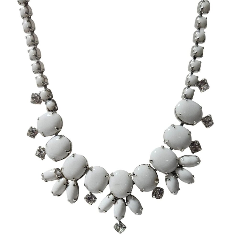 Vintage White Silver Rhinestone Statement Necklace Elegant Fashion Jewelry Women